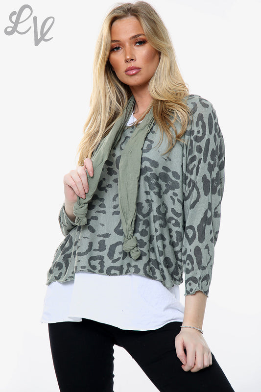 Ladies Leopard Print 2 Layer Top With Matching Scarf Khaki Unit Price £11.99