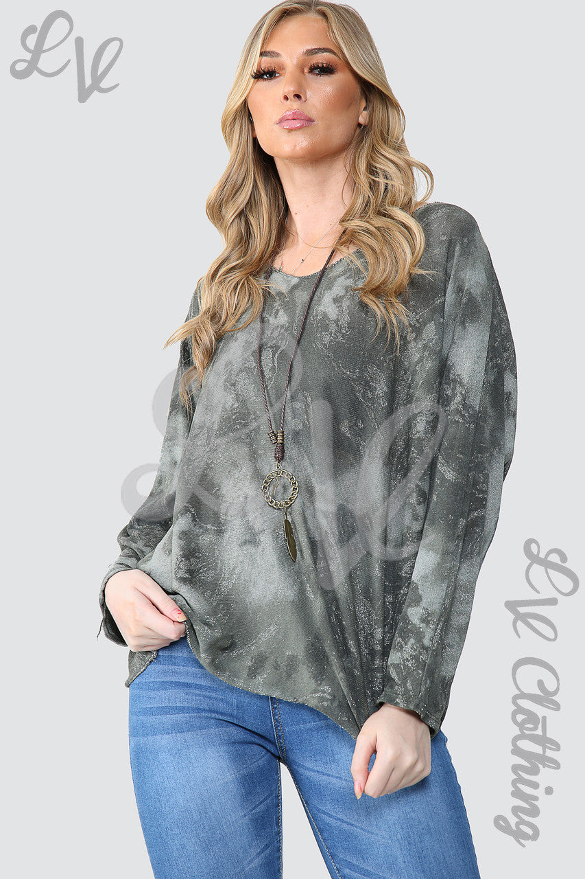 Dames Acid Wash Top Met Glitters & Ketting Kaki - Stukprijs €10,99