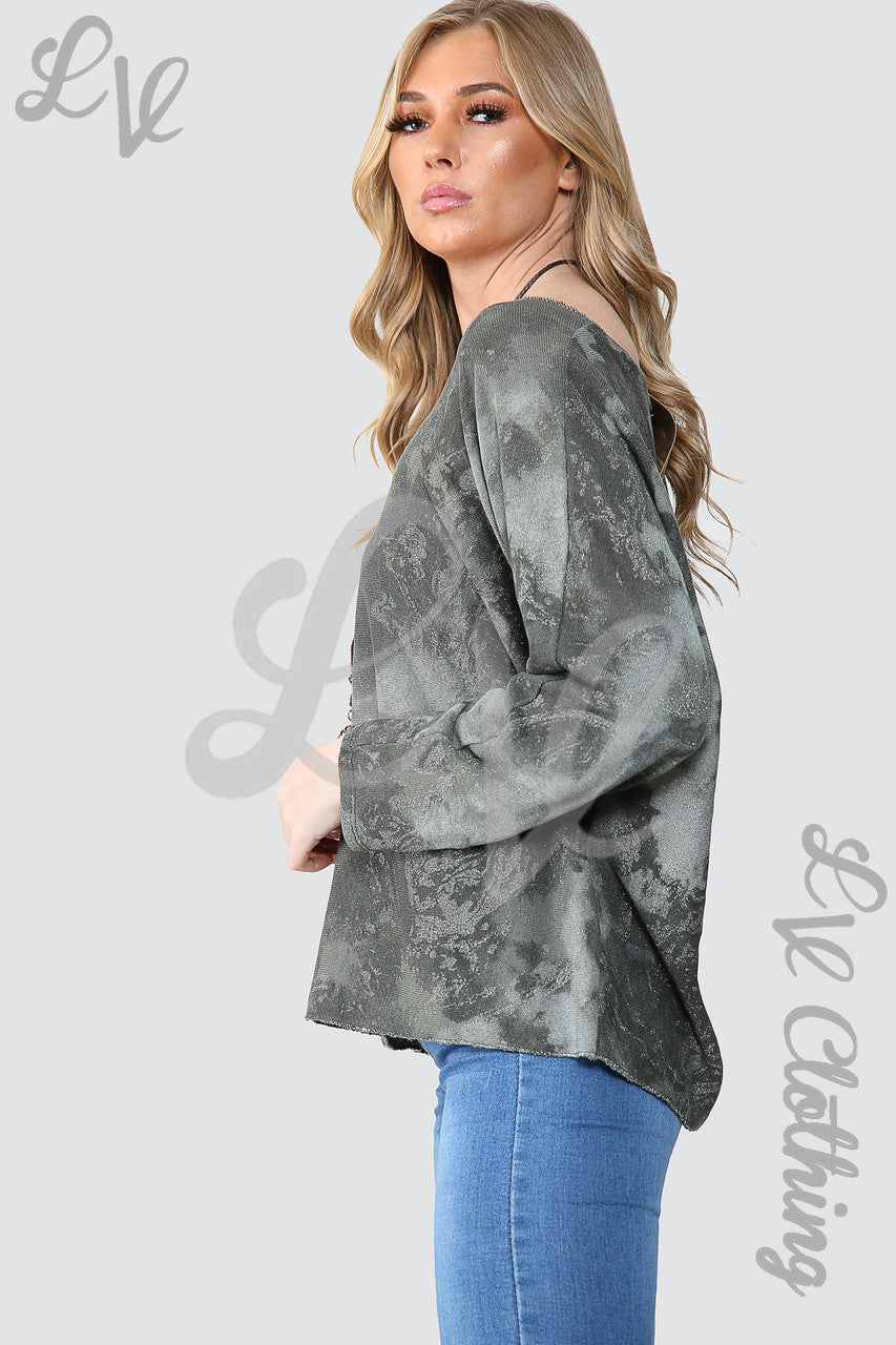 Dames Acid Wash Top Met Glitters & Ketting Kaki - Stukprijs €10,99