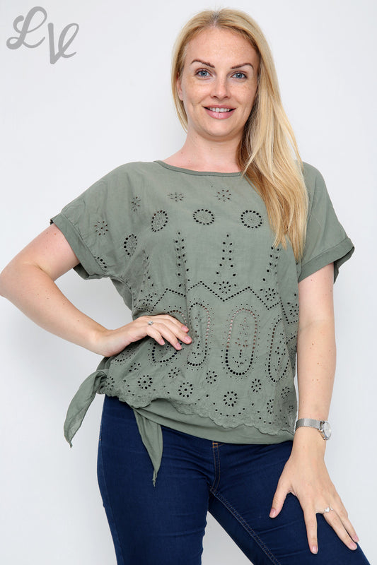 Ladies Anglaise Tie Side Top Khaki - Unit Price £10.99