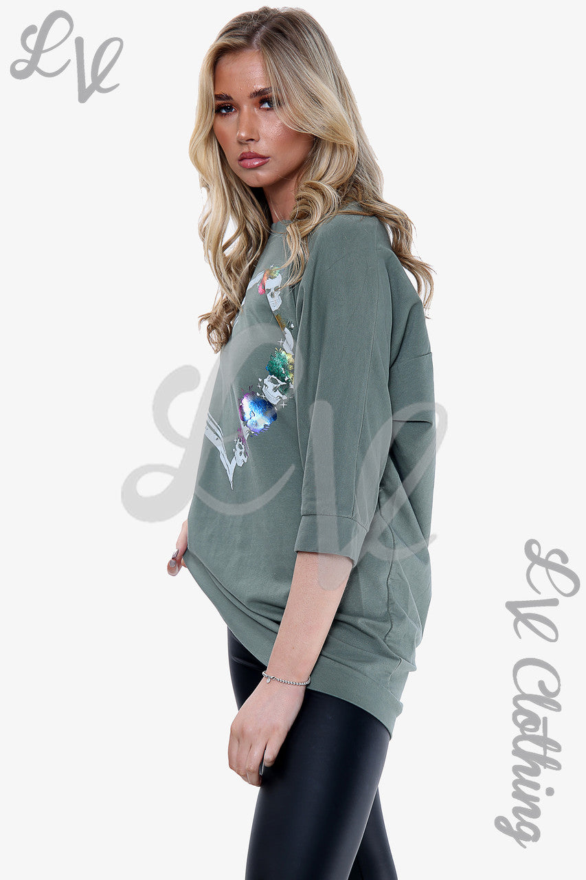 Dames Skull Heart Graphic Top Kaki Stukprijs € 14,99