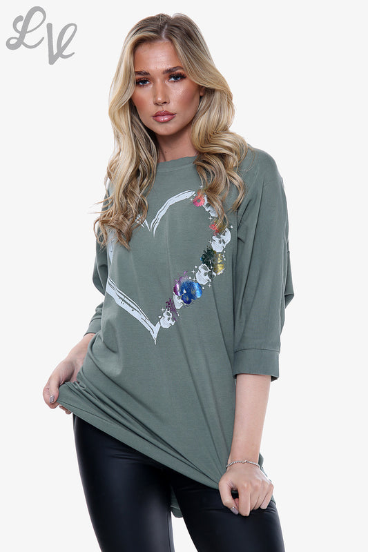 Ladies Skull Heart Graphic Top Khaki Unit Price £14.99