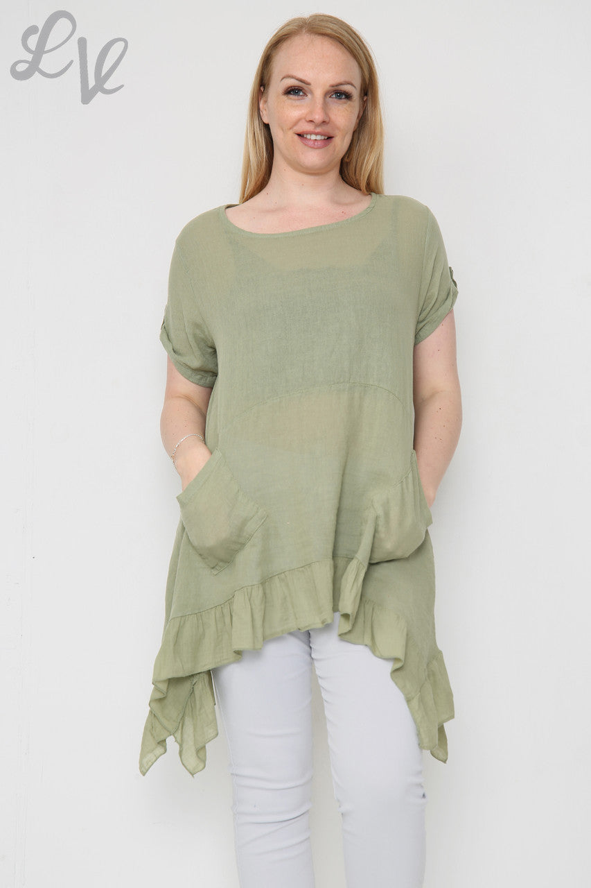 Dames Luchtige Tuniek Top met Ruches Zoomlijn Kaki Stukprijs €9,99