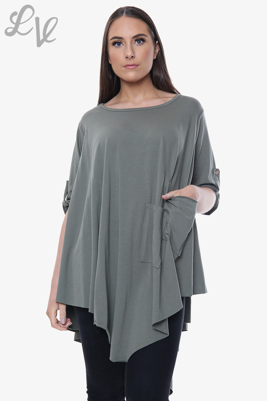 Dames Effen Asymmetrische Top Khaki Stukprijs € 9,99