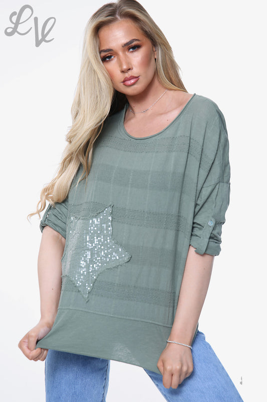 Ladies Sequin Star Detail Top Khaki Unit Price £8.99