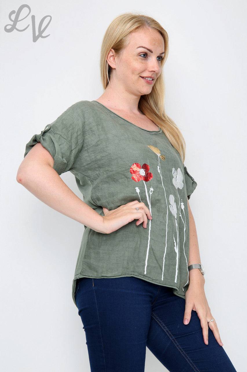 Dames Folie Bloemen Top Kaki Stukprijs € 11,99