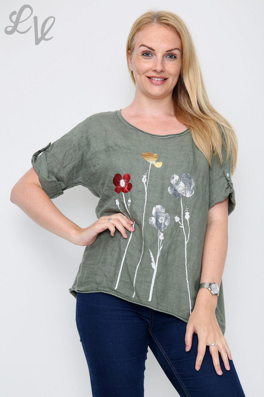 Dames Folie Bloemen Top Kaki Stukprijs € 11,99