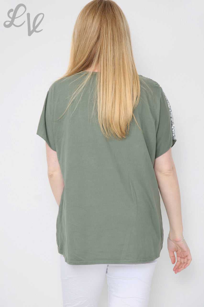 Ladies Sequin Love Heart & Shoulder Top Khaki Unit Price £10.99