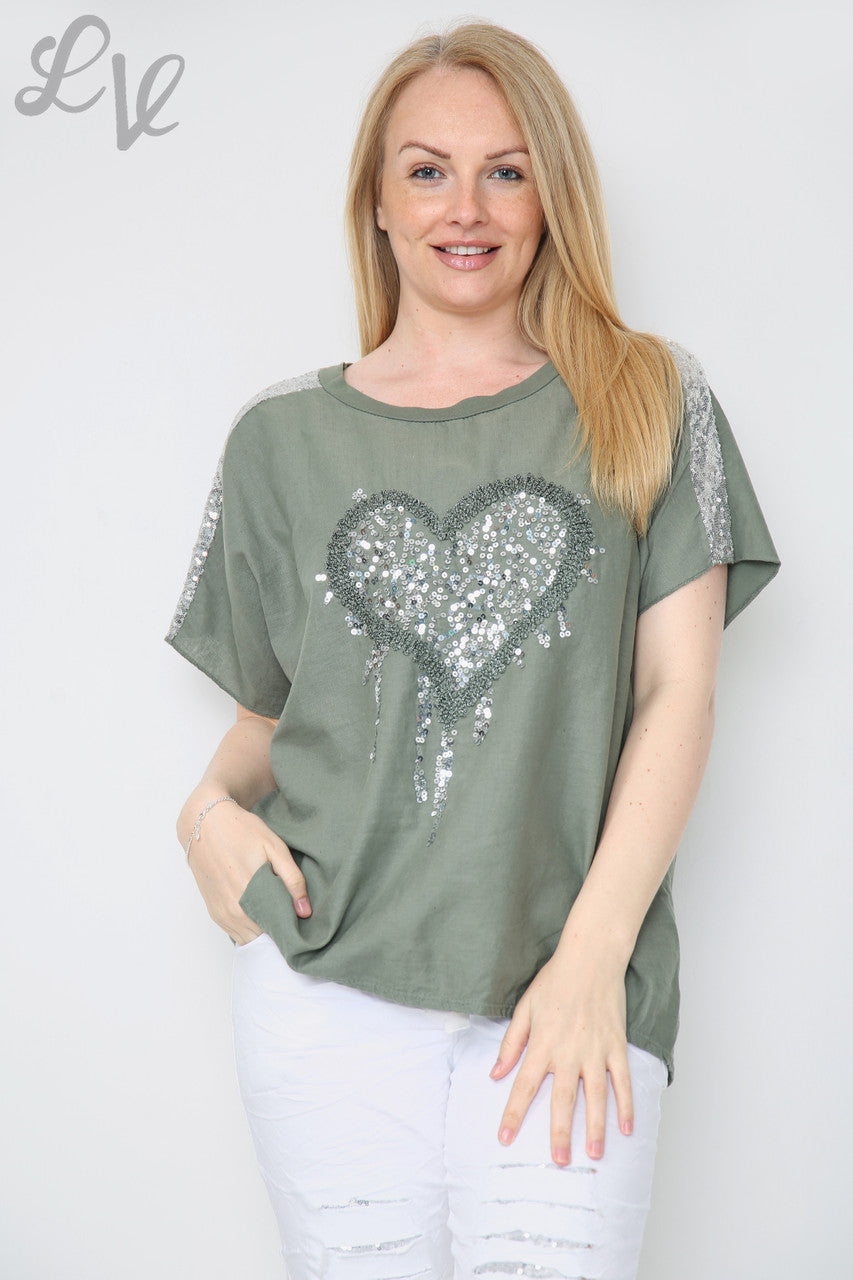 Ladies Sequin Love Heart & Shoulder Top Khaki Unit Price £10.99