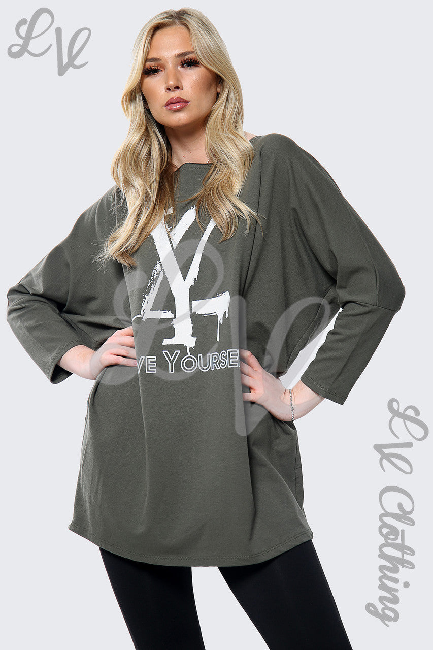 Dames "Love your Self" Slogan Sweatshirt Top Khaki Stukprijs €11,99