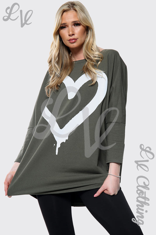 Ladies heart print slogan top, dark khaki with large white heart graphic