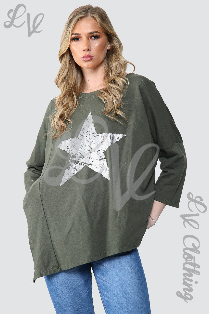 Dames Oversized Tuniek Top Khaki met Zilverfolie Ster - Prijs WAS €11,99 NU €5,99
