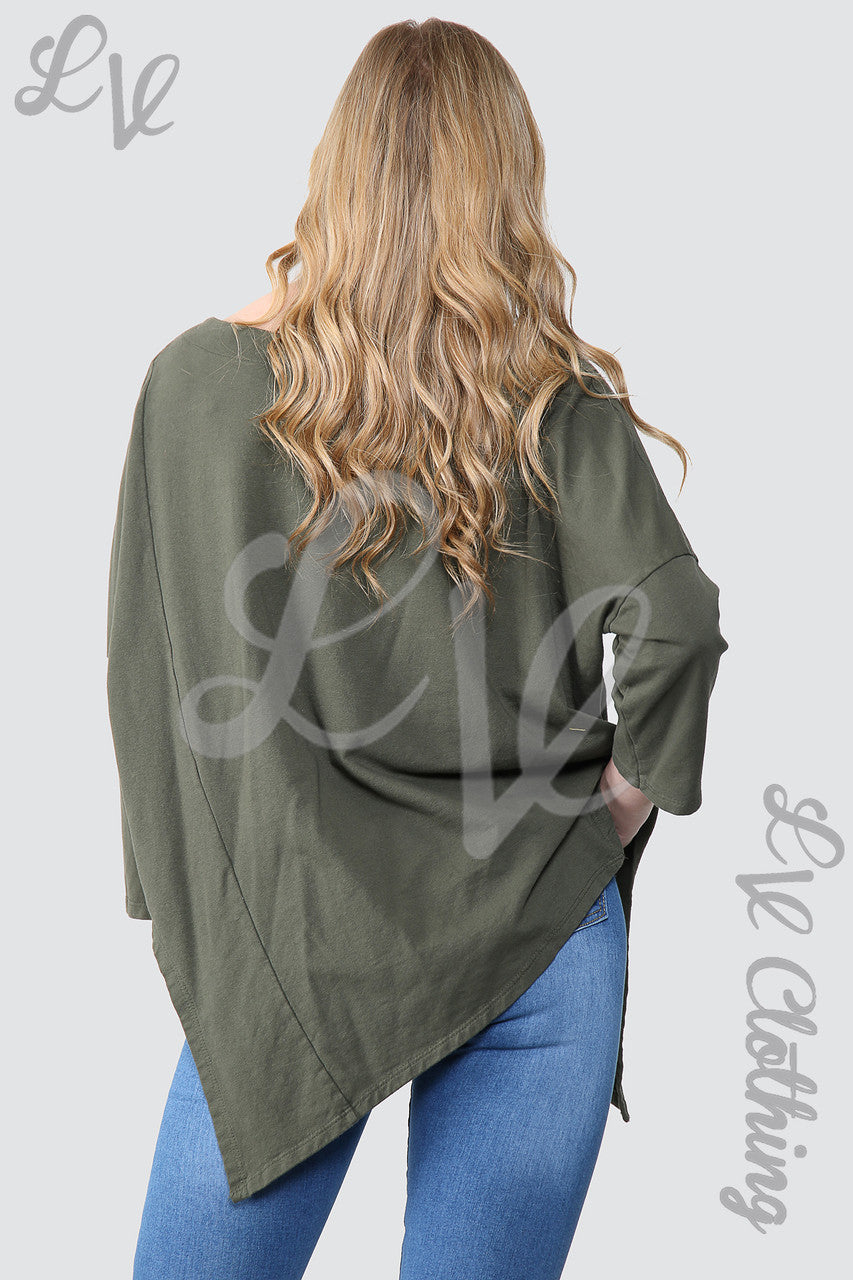 Dames Oversized Tuniek Top Khaki met Zilverfolie Ster - Prijs WAS €11,99 NU €5,99
