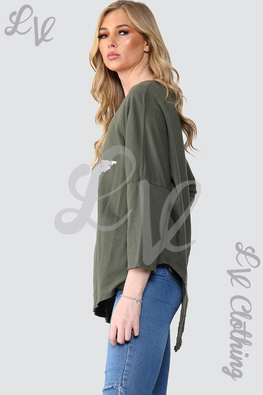Dames Oversized Tuniek Top Khaki met Zilverfolie Ster - Prijs WAS €11,99 NU €5,99