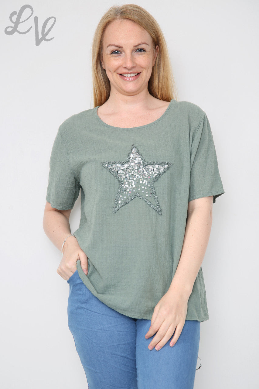 Dames ster pailletten top kaki Eenheidsprijs £8.99