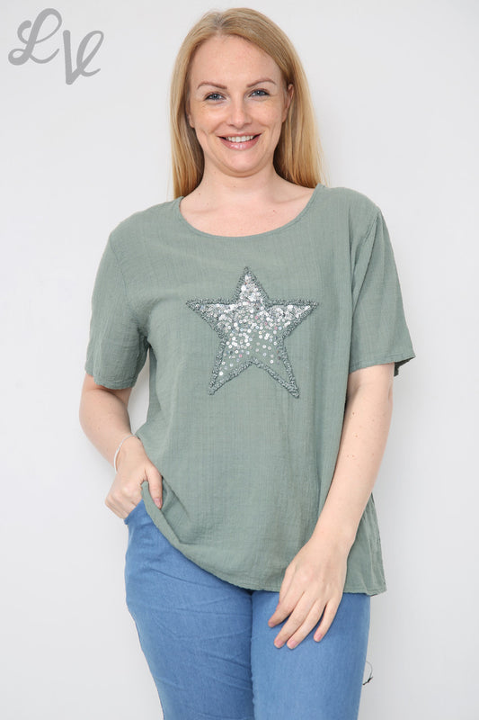 Ladies Star Sequin Top Khaki Unit Price £8.99