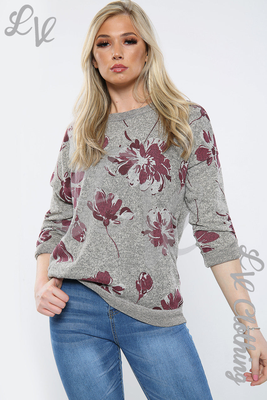 Dames Marl Sweatshirt Top met Bloemenprint Kaki - Stukprijs €10,99