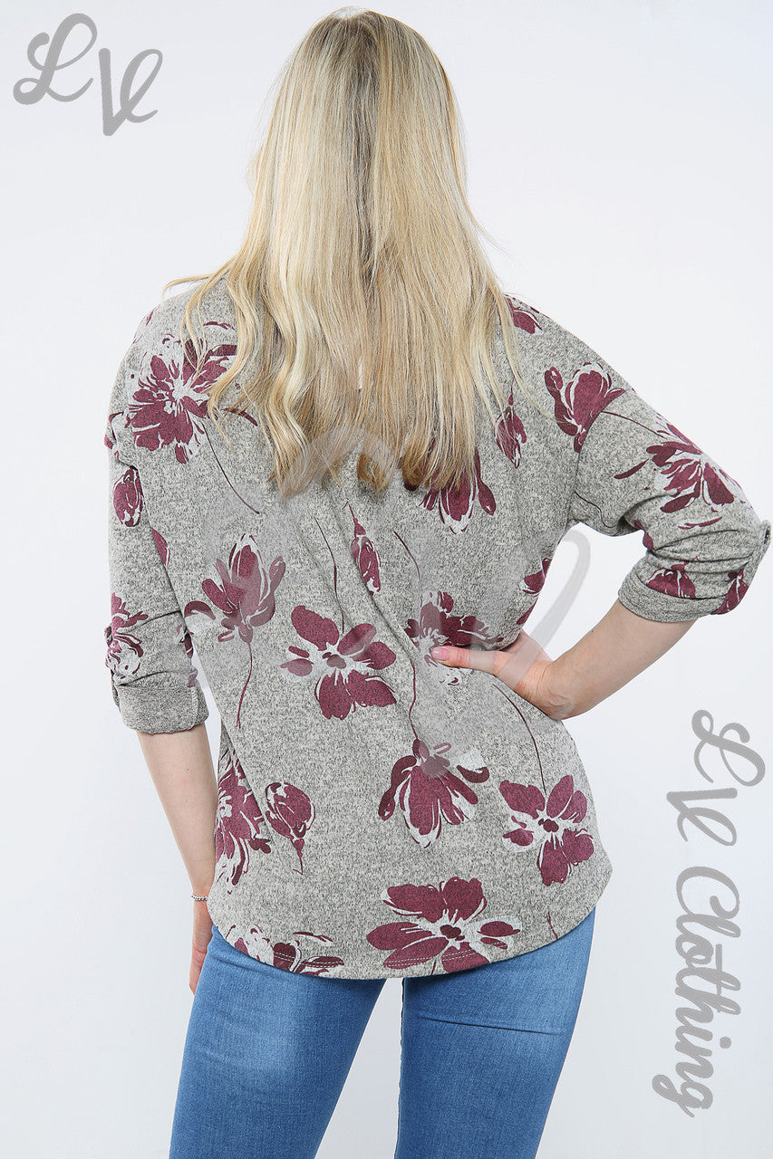 Dames Marl Sweatshirt Top met Bloemenprint Kaki - Stukprijs €10,99
