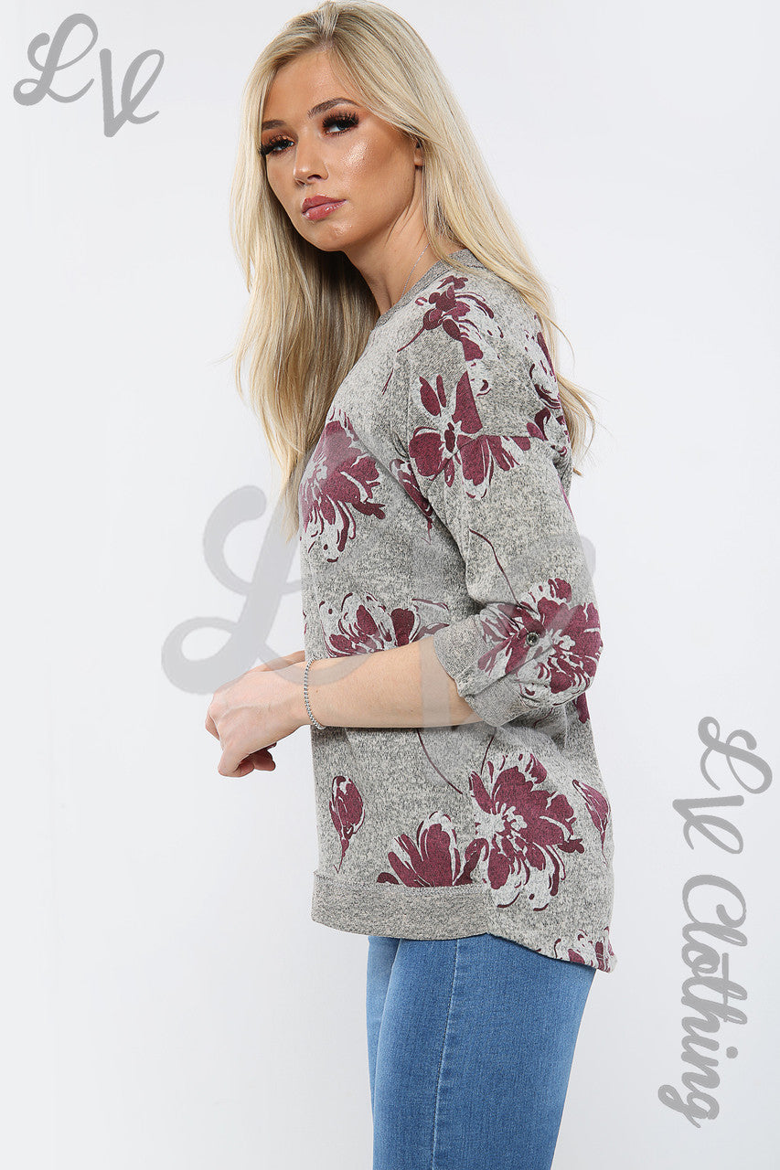 Dames Marl Sweatshirt Top met Bloemenprint Kaki - Stukprijs €10,99