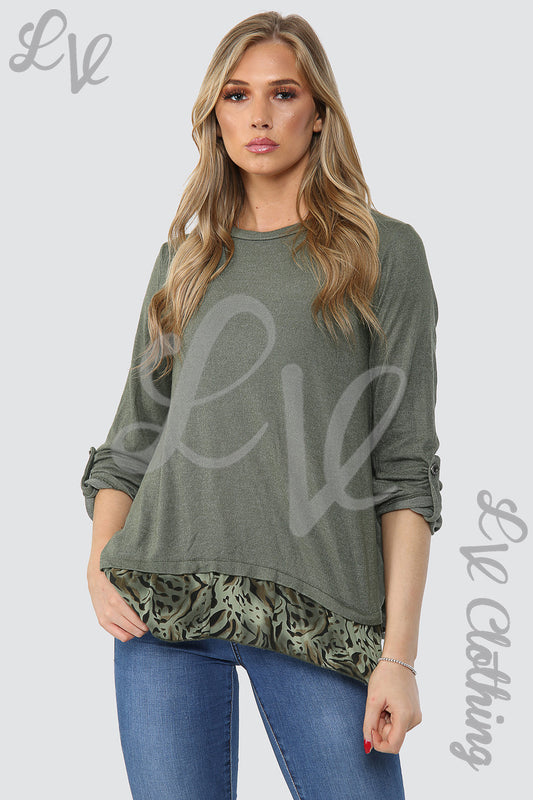 Ladies leopard-print under-layer top, olive long-sleeve with frilled hem