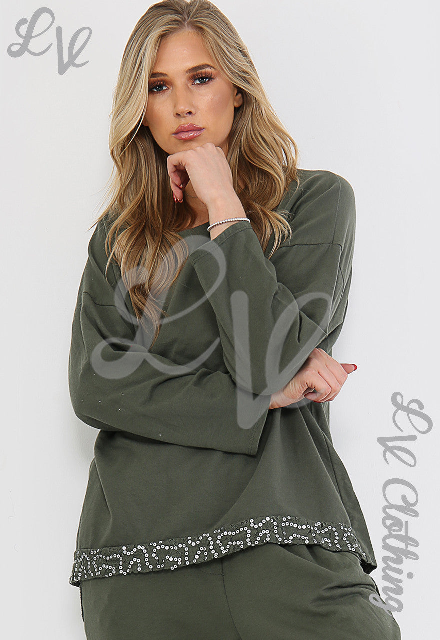 Dames Sweatshirt Top met Pailletten Khaki - Stukprijs €10,99