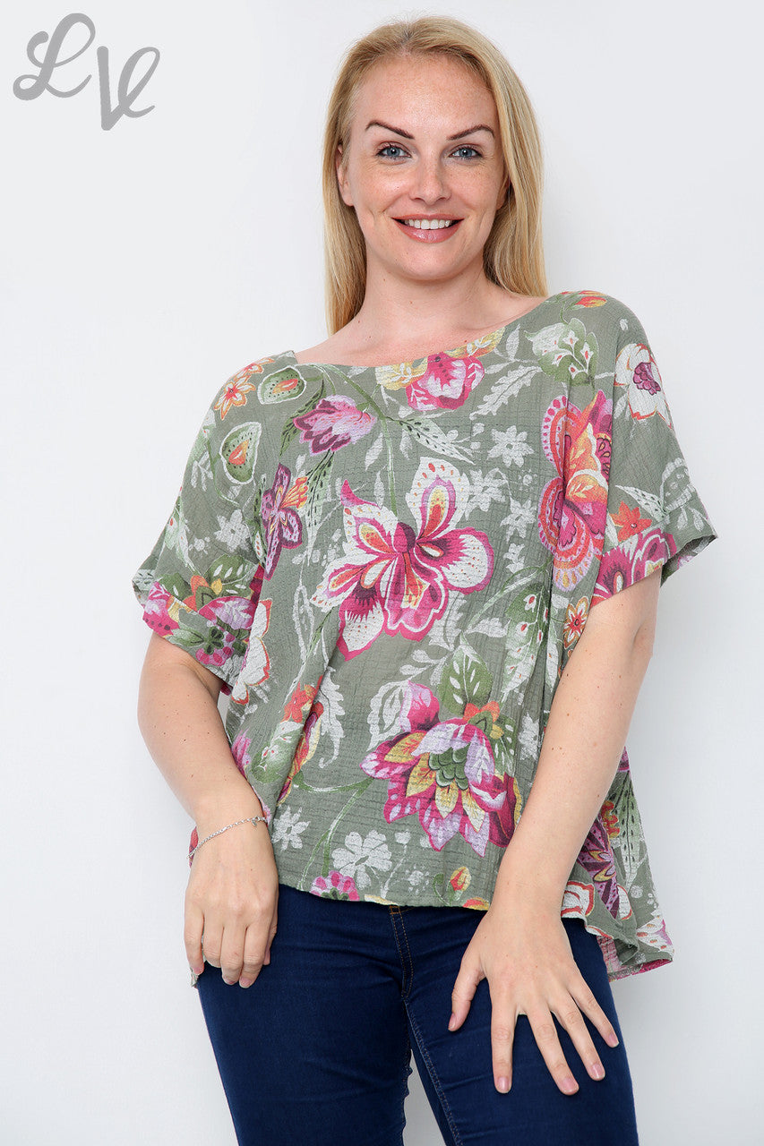 Dames top met bloemen- en paisleyprint Khaki Eenheidsprijs € 8,99