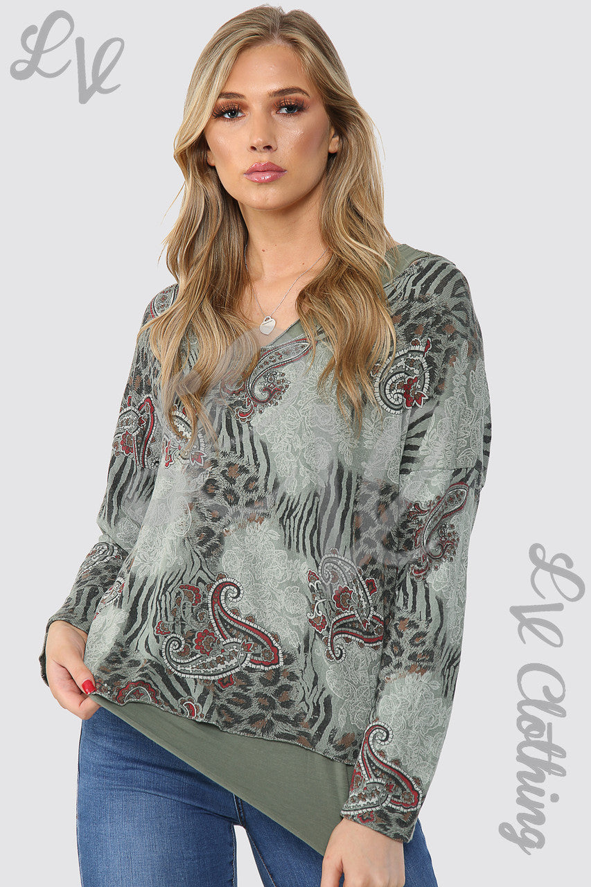 Dames Top met Mixprint en Twee Lagen Khaki - Stukprijs € 12,99