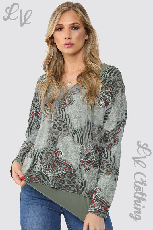 Ladies mix print 2-layer khaki top, paisley long sleeves, V-neck