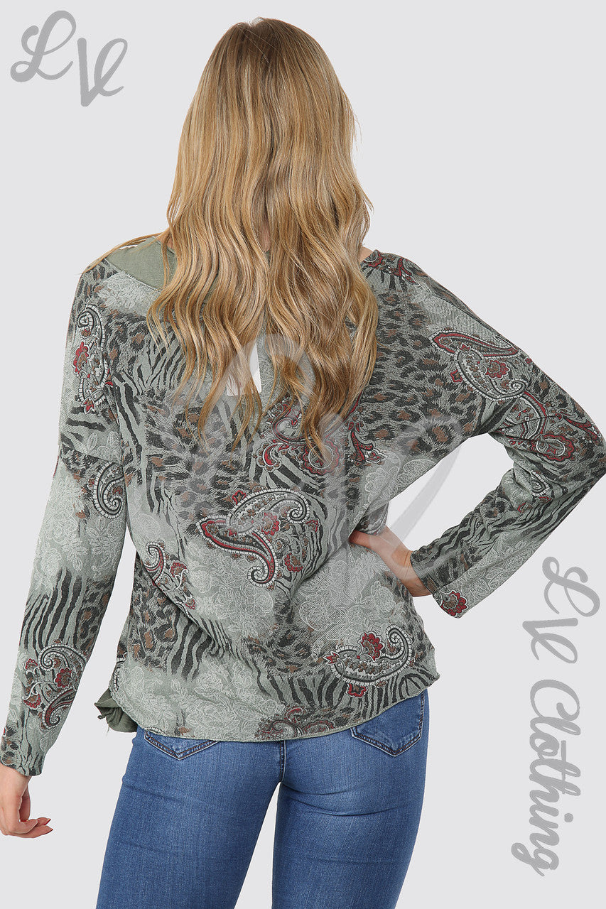 Dames Top met Mixprint en Twee Lagen Khaki - Stukprijs € 12,99