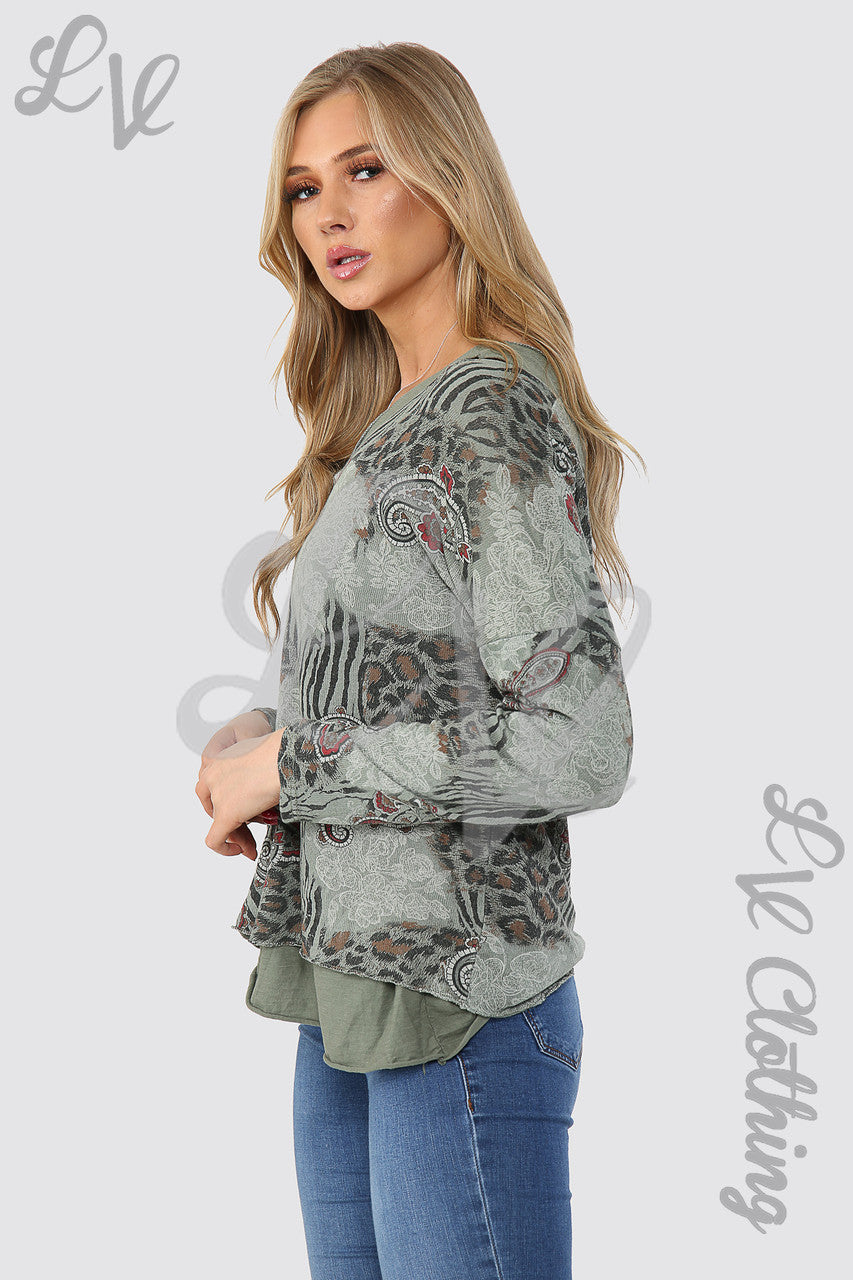 Dames Top met Mixprint en Twee Lagen Khaki - Stukprijs € 12,99