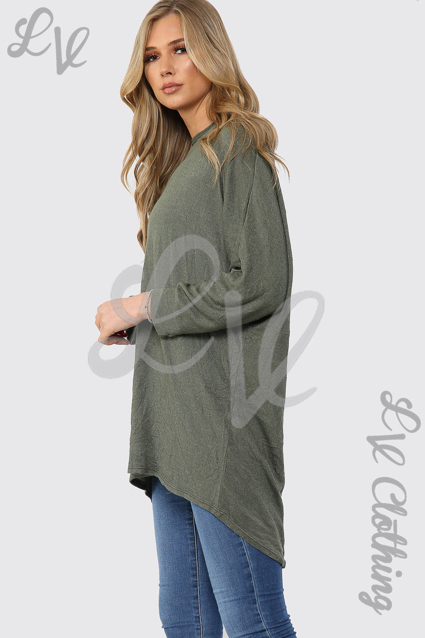 Ladies Plain Hi Lo Fine Knit Tunic Top Khaki - Unit Price WAS £12.99 NOW £5.99