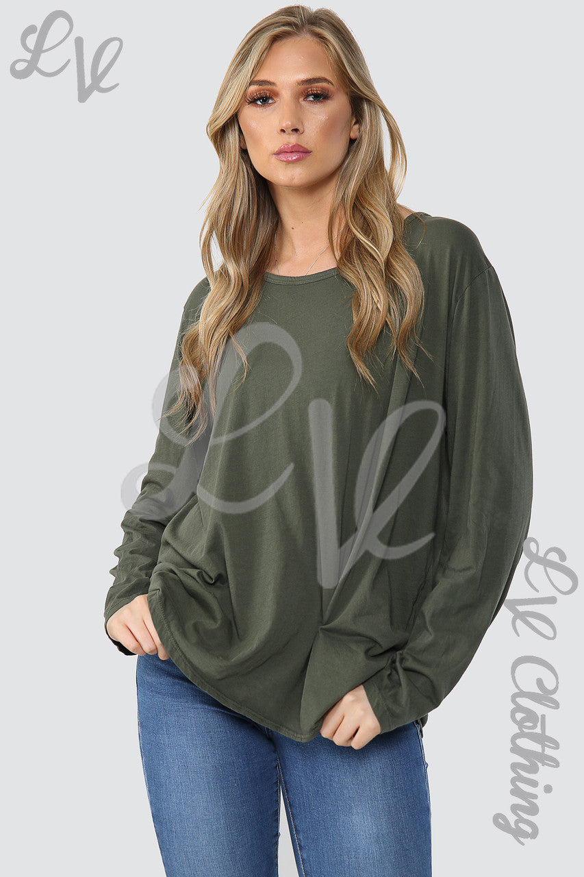 Dames Effen Top Oversized met Knopen Achteraan Khaki - Stukprijs WAS 9,99 NU €4,99