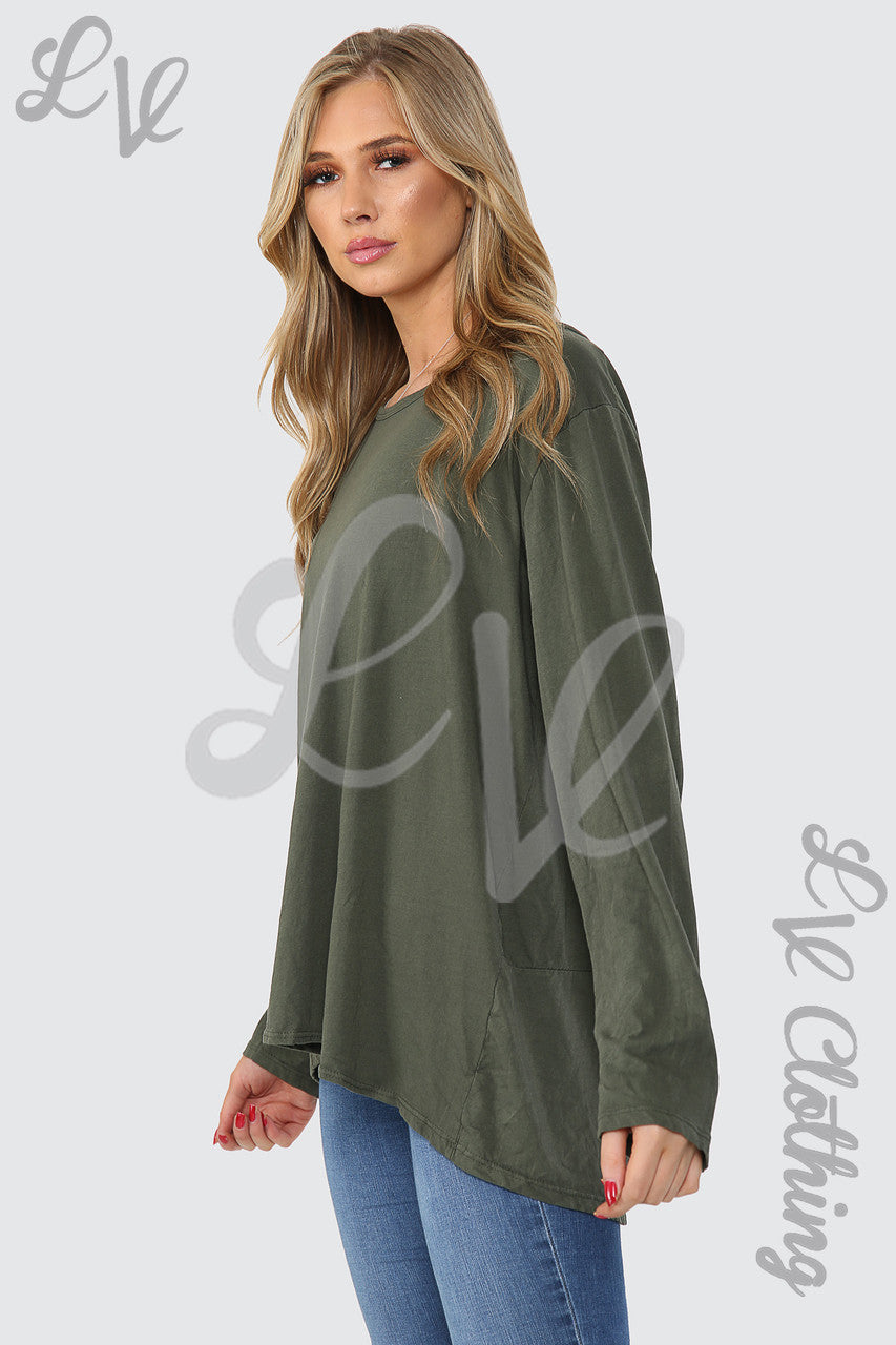 Dames Effen Top Oversized met Knopen Achteraan Khaki - Stukprijs WAS 9,99 NU €4,99