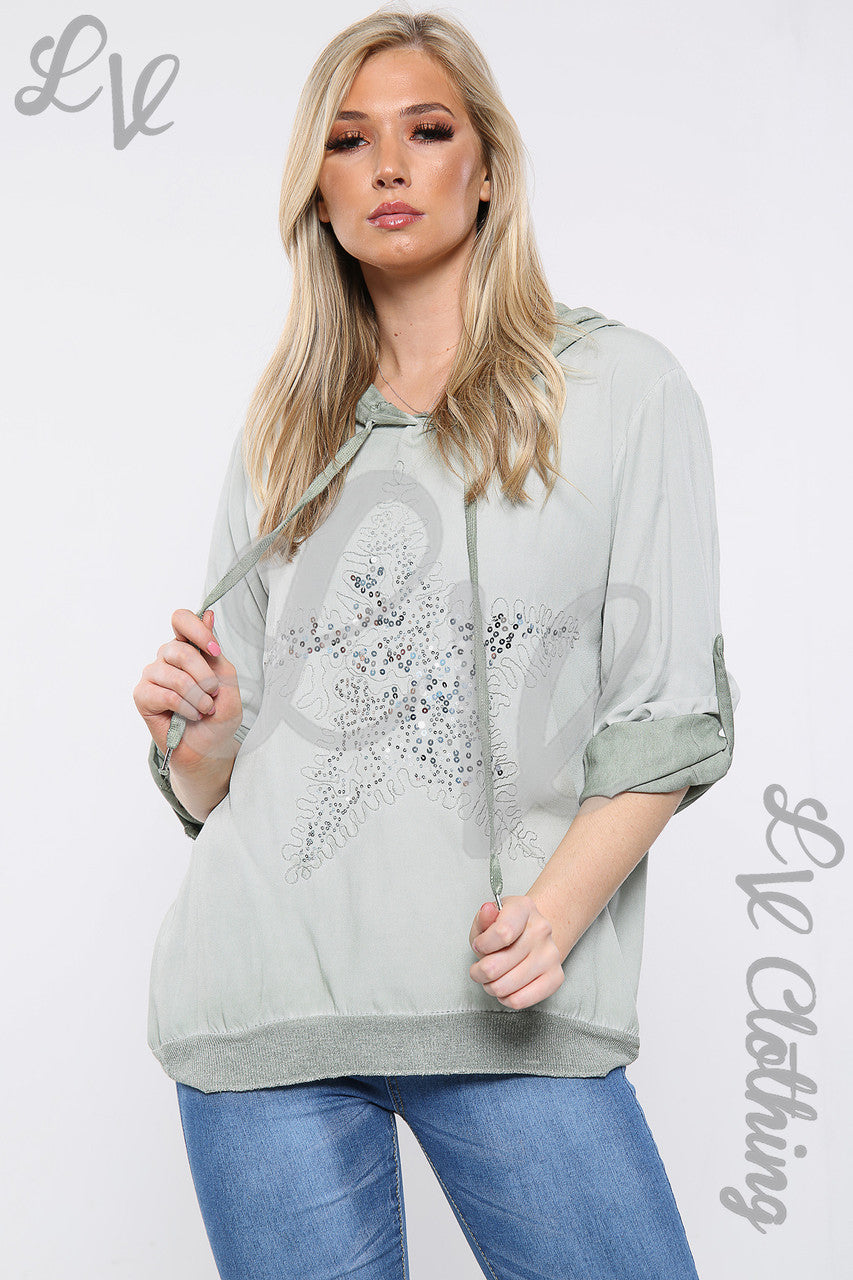 Dameshoodie met paillettenster, kaki - Stukprijs € 15,99