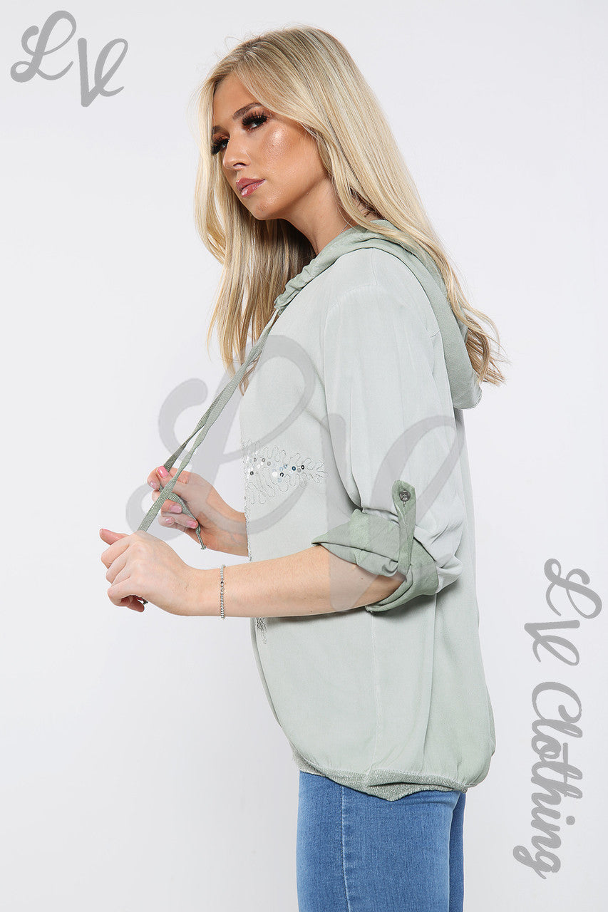 Dameshoodie met paillettenster, kaki - Stukprijs € 15,99