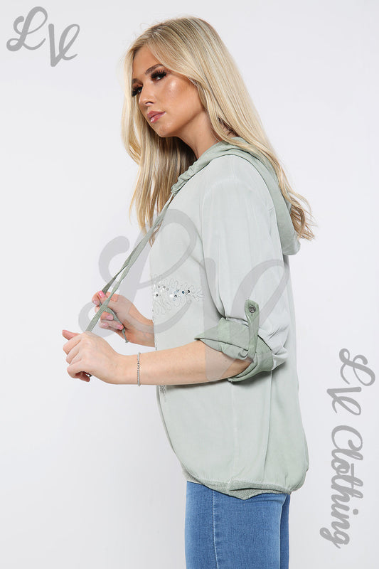 Ladies light khaki hooded sweatshirt with sequin star front, side view