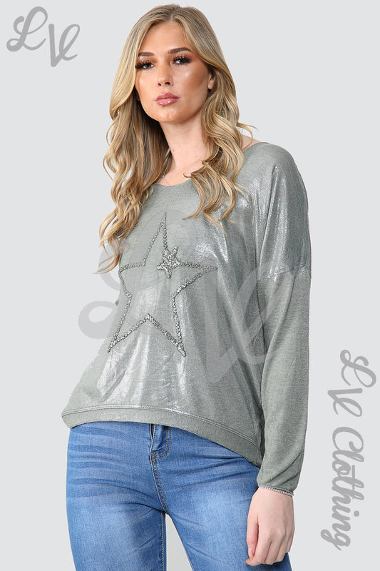 Ladies shimmer star embroidered top, metallic finish, long sleeves, round neck