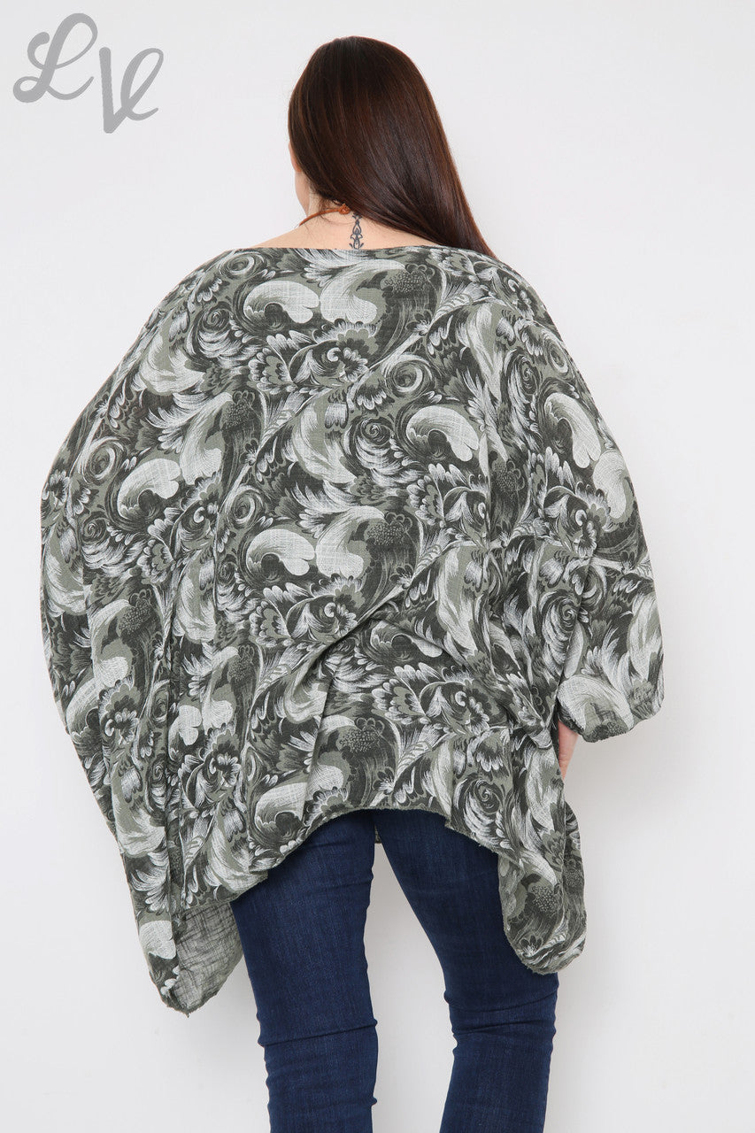 Dames Barok Print Vleermuismouw Top Kaki Stukprijs € 12,99