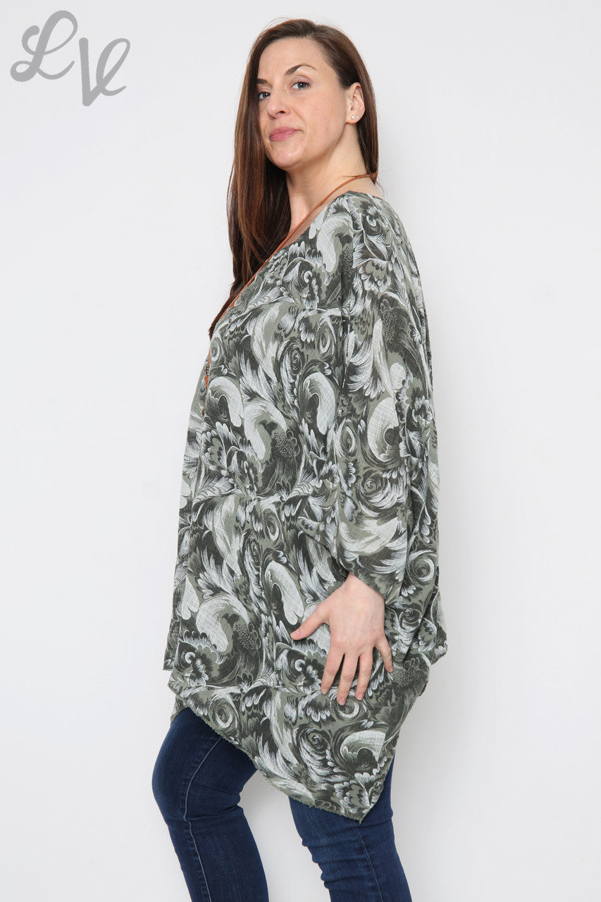 Dames Barok Print Vleermuismouw Top Kaki Stukprijs € 12,99