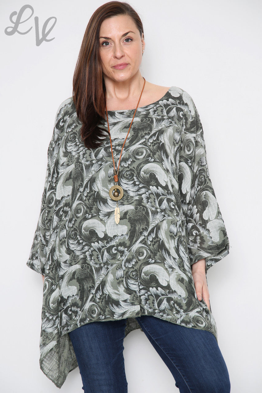 Dames Barok Print Vleermuismouw Top Kaki Stukprijs € 12,99