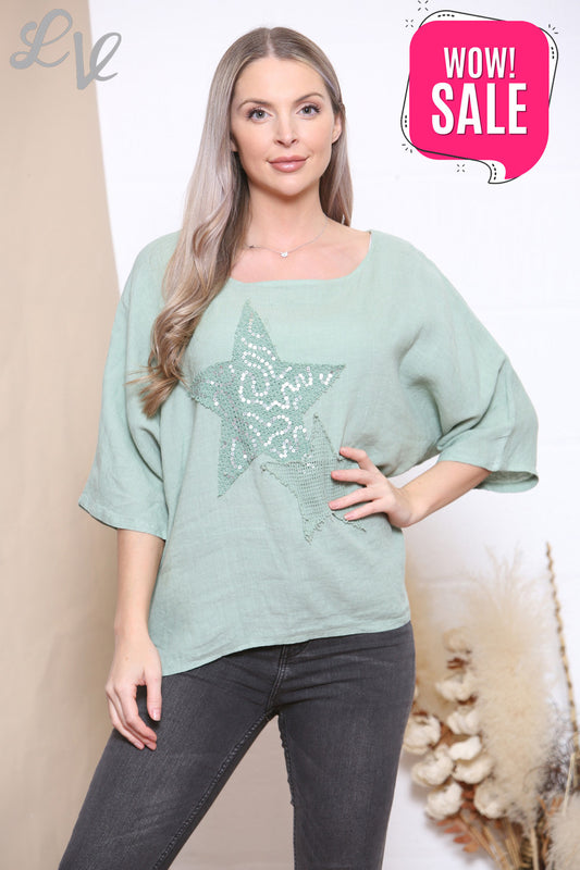 Ladies Mesh Sequin Stars Top Khaki