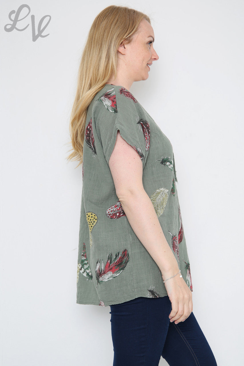 Dames Top met Kleurrijke Verenprint Kaki Prijs per stuk € 9,99
