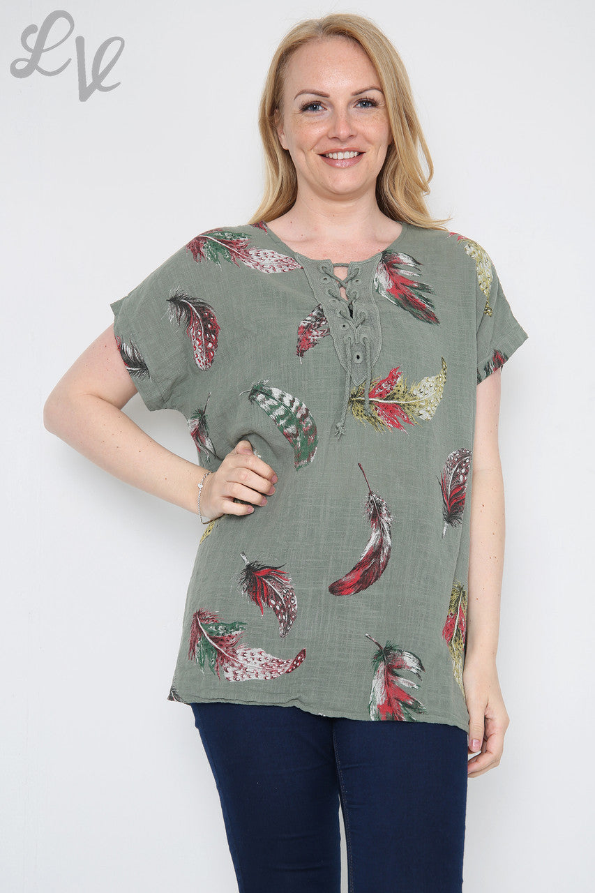 Dames Top met Kleurrijke Verenprint Kaki Prijs per stuk € 9,99