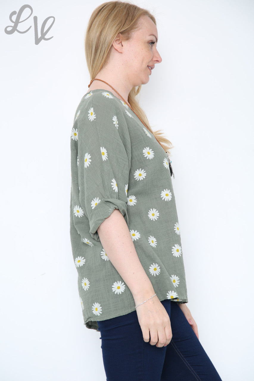 Ladies Daisies Floral Print Top Khaki