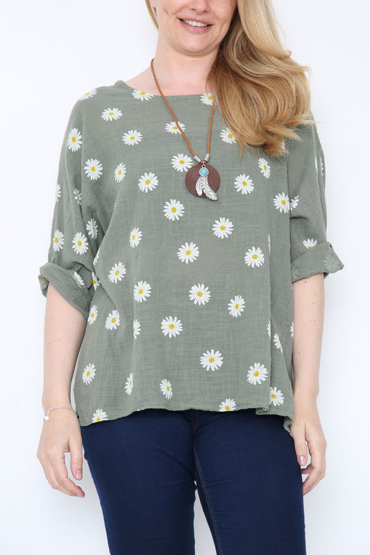 Ladies Daisies Floral Print Top Khaki