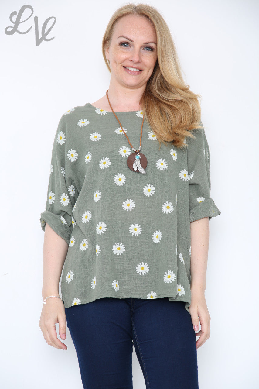 Ladies Daisies Floral Print Top Khaki