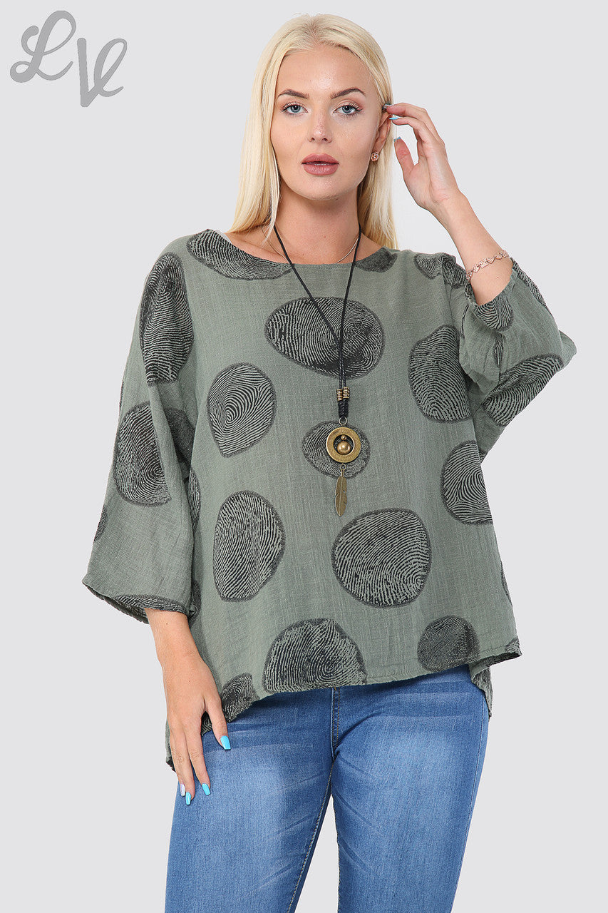 Ladies Tree Root Print Top With Necklace Khaki
