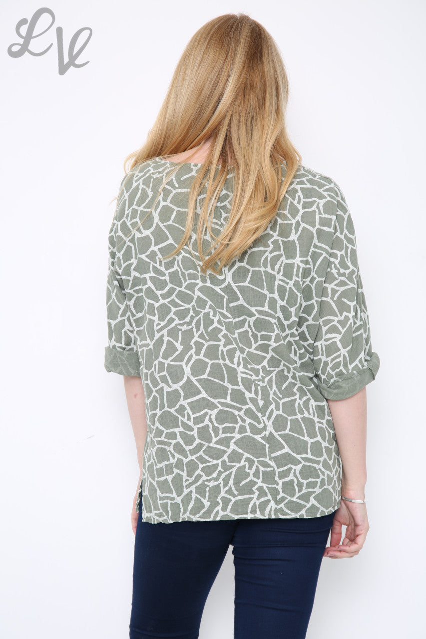 CRACK EFFECT PRINT TOP KHAKI