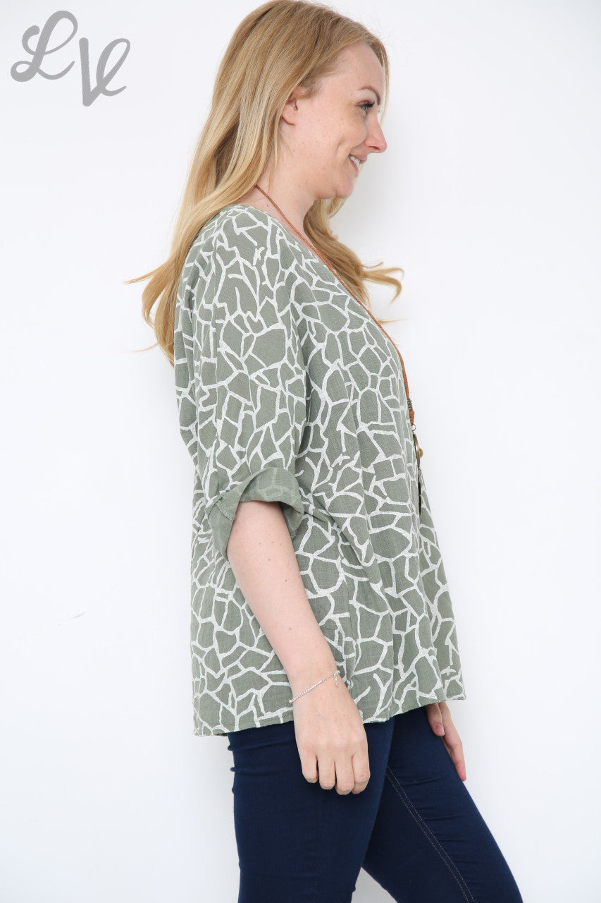 CRACK EFFECT PRINT TOP KHAKI