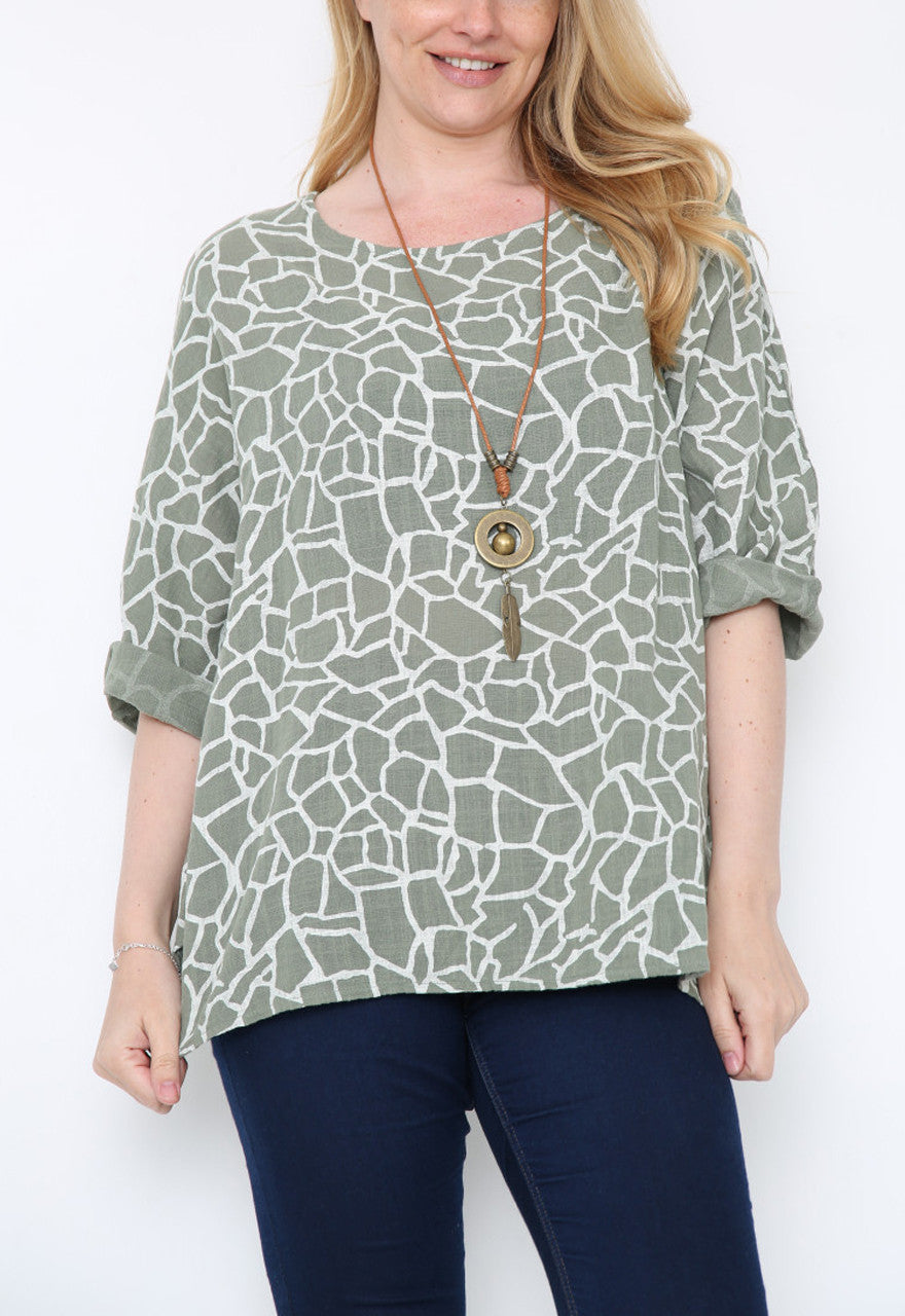 CRACK EFFECT PRINT TOP KHAKI